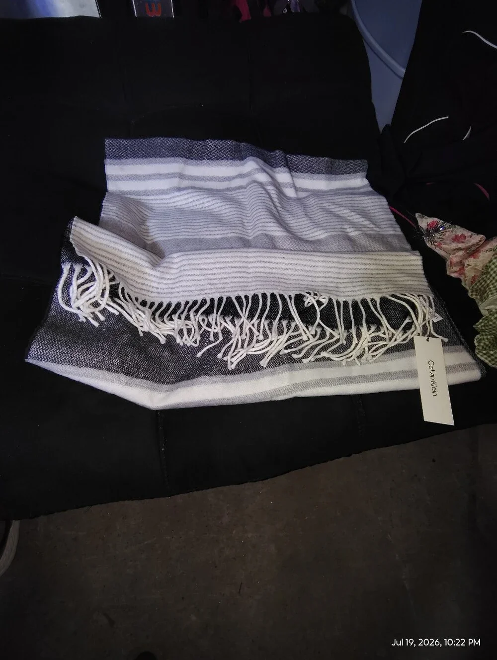 Calvin Klein White and Gray Striped Fringe Scarf